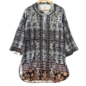 Love Kyla Floral embroidered poly silk boho Luxury Resort‎ Vacation tunic top L